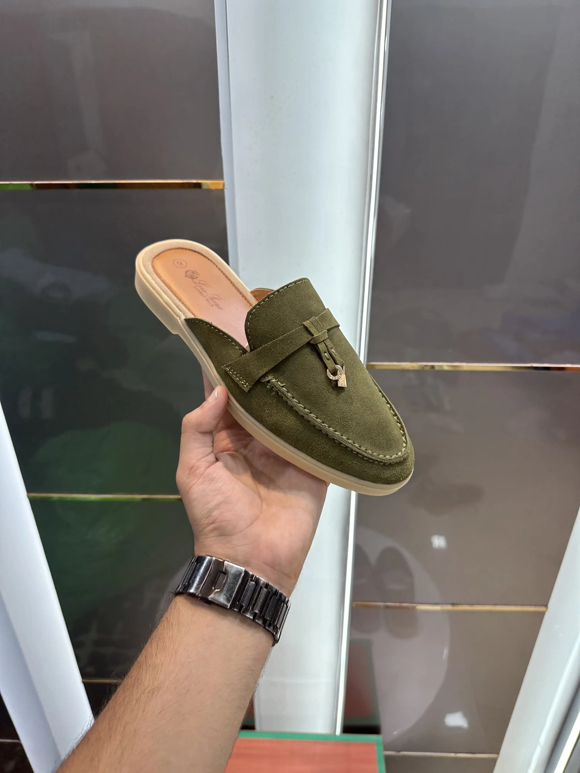Loro_Piana Key Lock Slip-Ons Olive