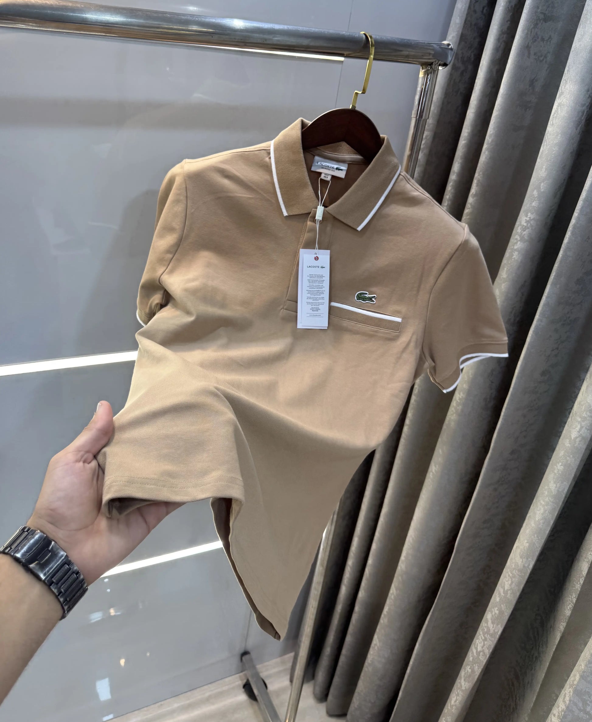 Lacost e Beige Embroidery Logo Premium Polo T-Shirt