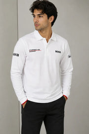 Hugo  Boss Porsche White Logo Work Premium Full Sleeve Polo T-Shirt