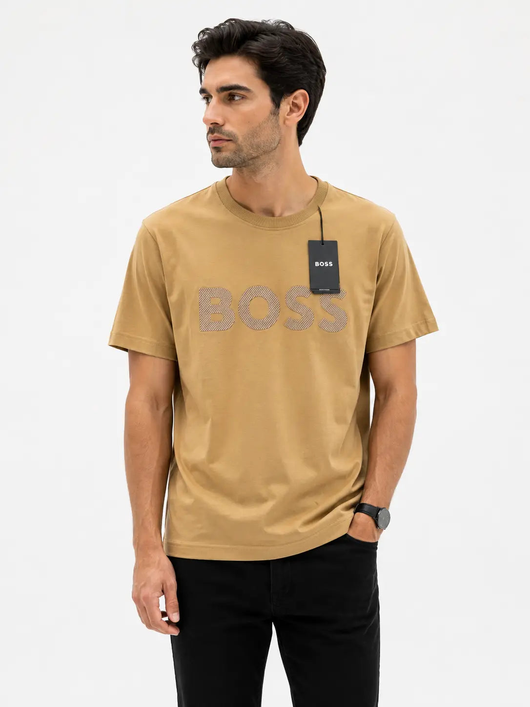 Hugo Bos s Beige Embroidery Logo Premium T-Shirt