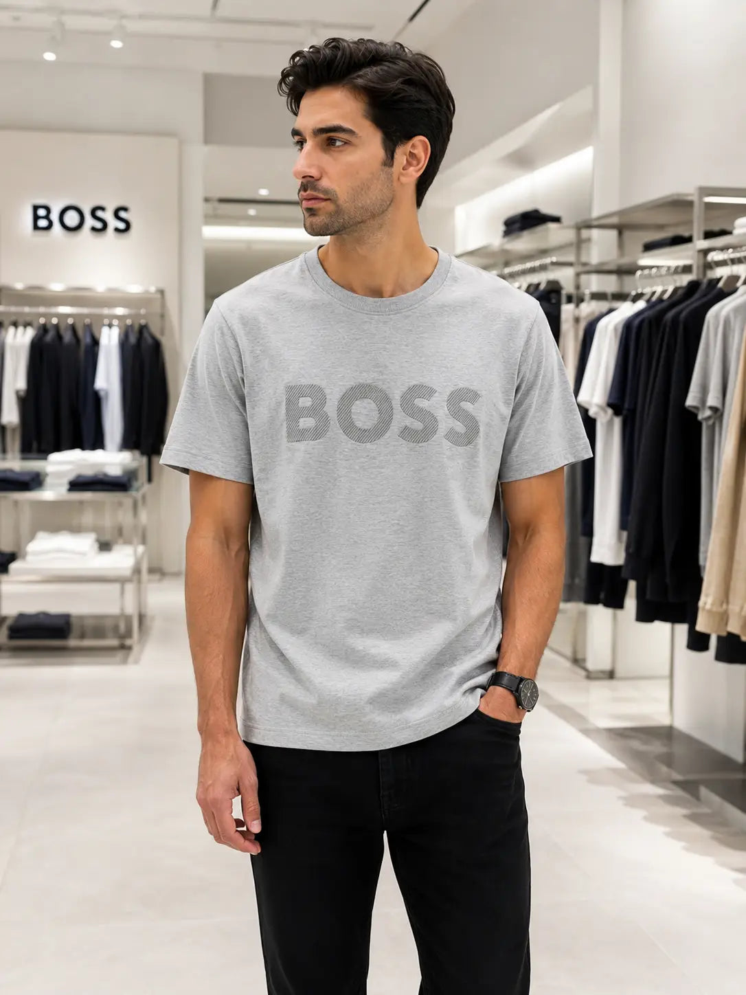 Hugo Bos s Grey Embroidery Logo Premium T-Shirt