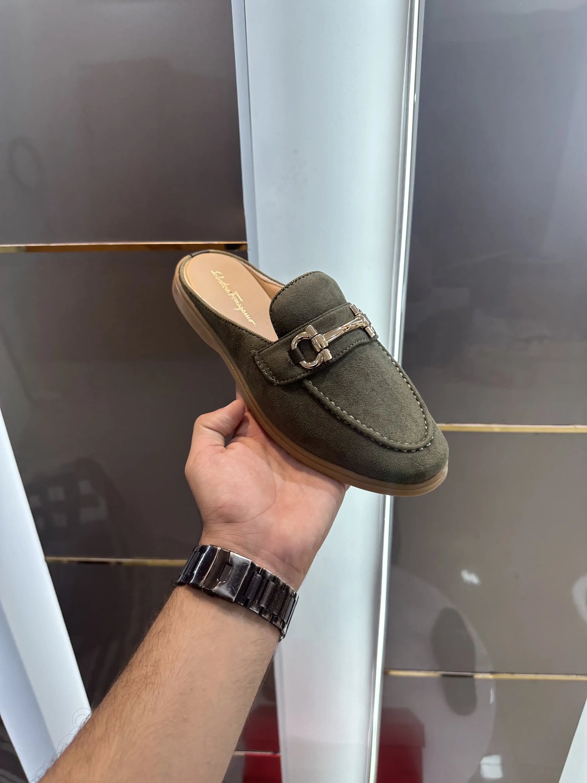 Salvatore_Ferragamo Olive Premium Suede Leather Slip-Ons
