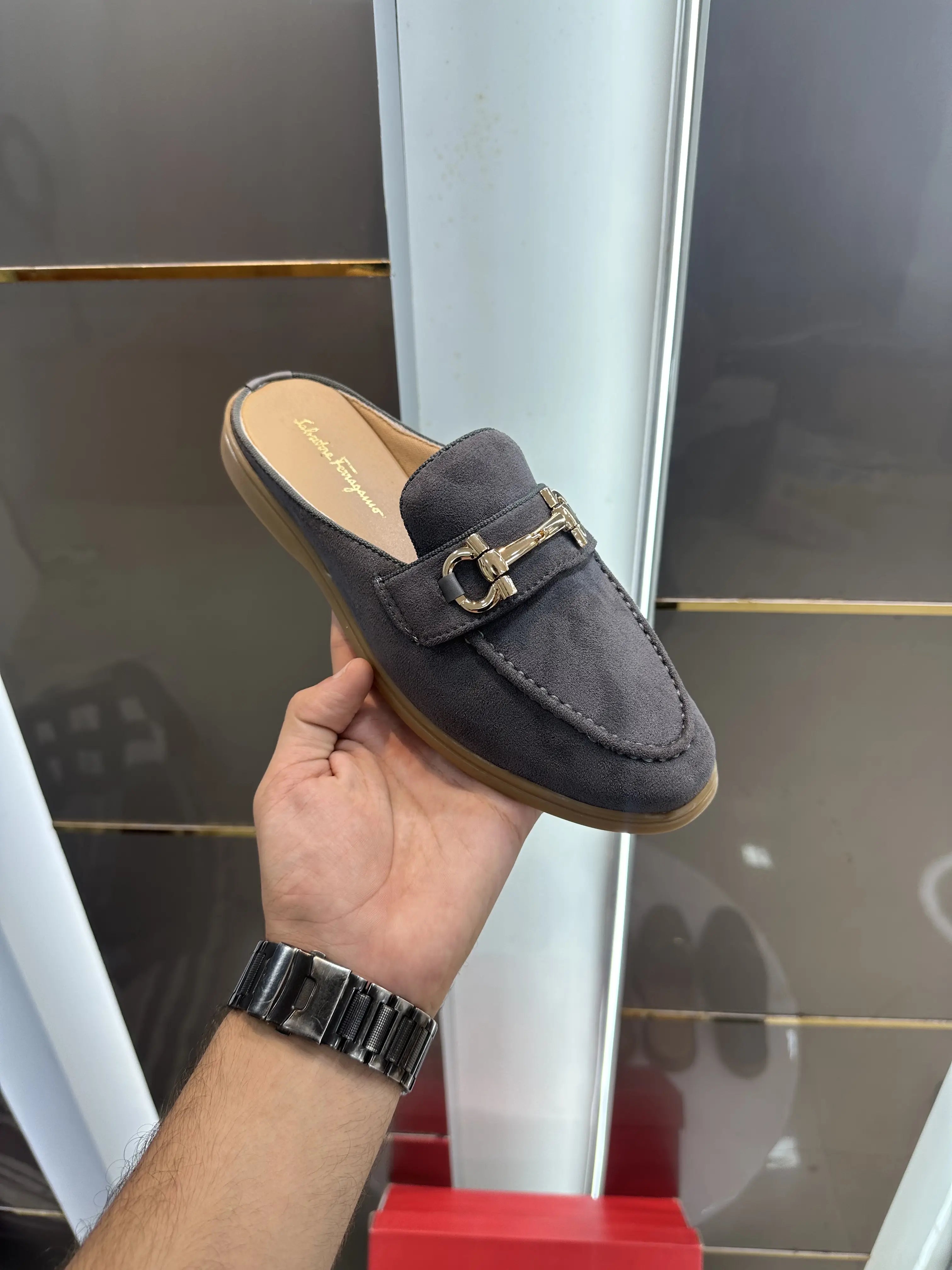 Salvatore_Ferragamo Grey Premium Suede Leather Slip-Ons